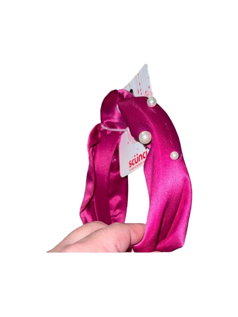 scünci Hot Pink Satin Knotted Headband with Pearl Accents FINAL PRICE DROP